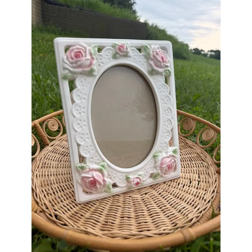 Vintage Elsa Porcelain Pink Rose Picture Frame Cottagecore Shabby Chic Floral